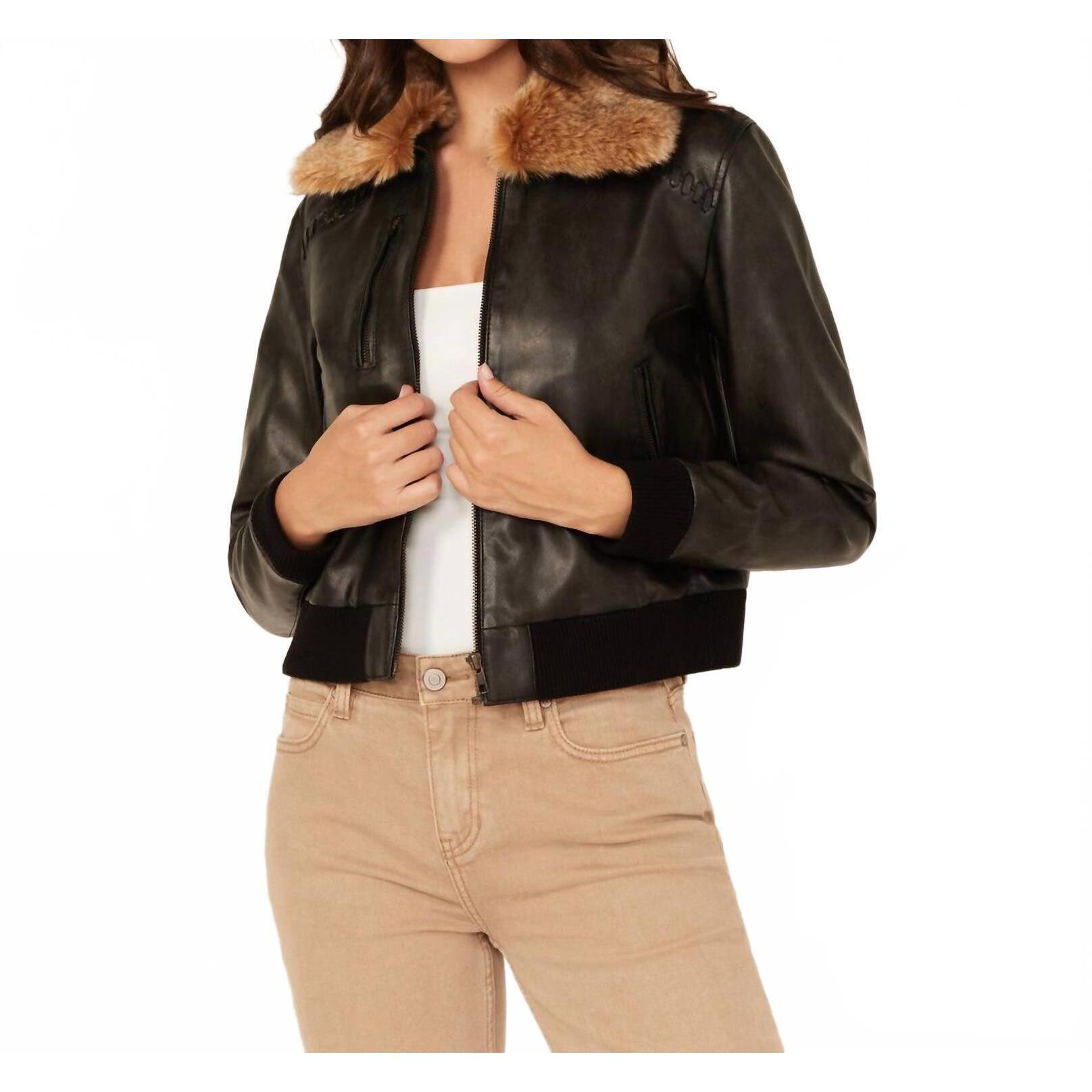 New Cleo + Wolf Casey Faux Fur Collar Bomber Jacket In Black